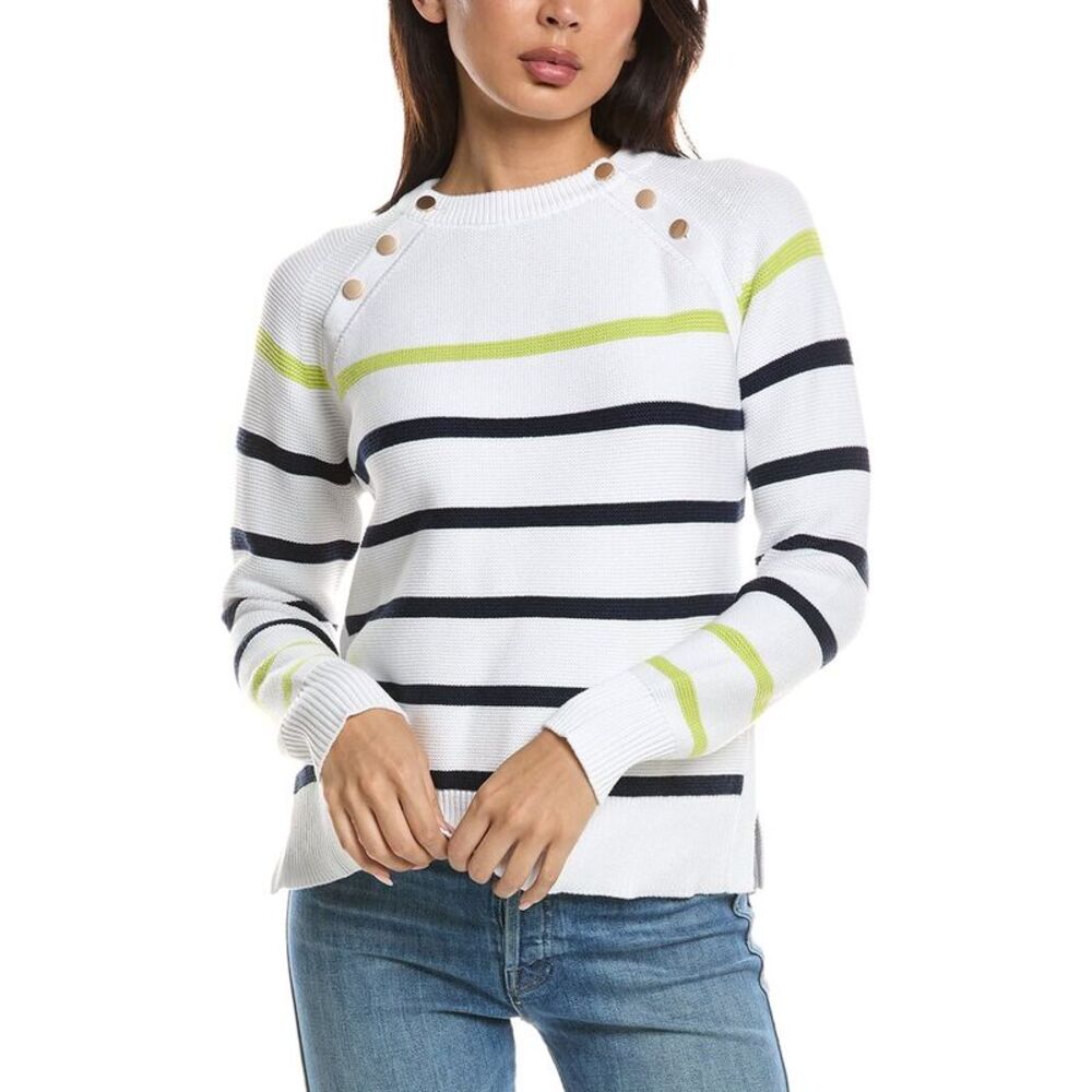 Forte Cashmere Womens  Wide Sleeve Button Shoulder Sweater, White